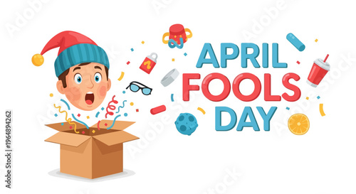 Cartoon character in a blue hat peeking out of a cardboard box on April Fools' Day with colorful prank items and illustrations around, conveying a playful and humorous mood.