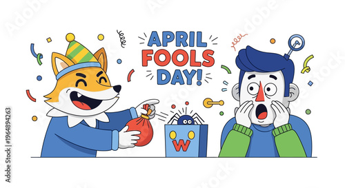 A cartoon fox in a party hat holds a whoopee cushion next to a surprised man on April Fools' Day with colorful confetti and a playful prank lifestyle.