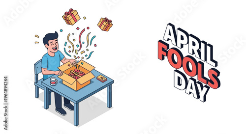 Illustration of a man sitting at a table with a prank gift on April Fools' Day, surrounded by colorful confetti and humorous elements in a playful prank lifestyle scene with a funny
