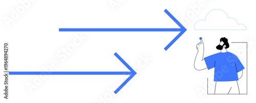 Technology, data transfer, cloud storage, digital innovation, networking, communication. Illustration of arrows pointing to a cloud with a person holding a key. Data transfer and cloud storage