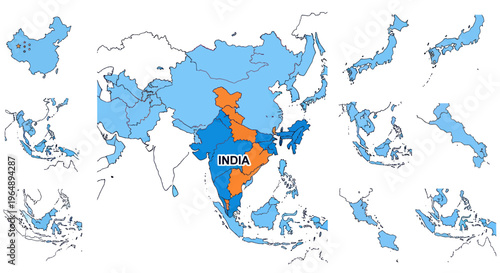 Quadro em tela India highlighted in orange on a map of Asia, surrounded by other Asian countries