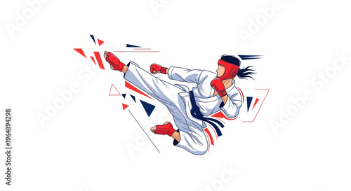 Martial Arts Fighter Kicking with Dynamic Geometric Shapes Background
