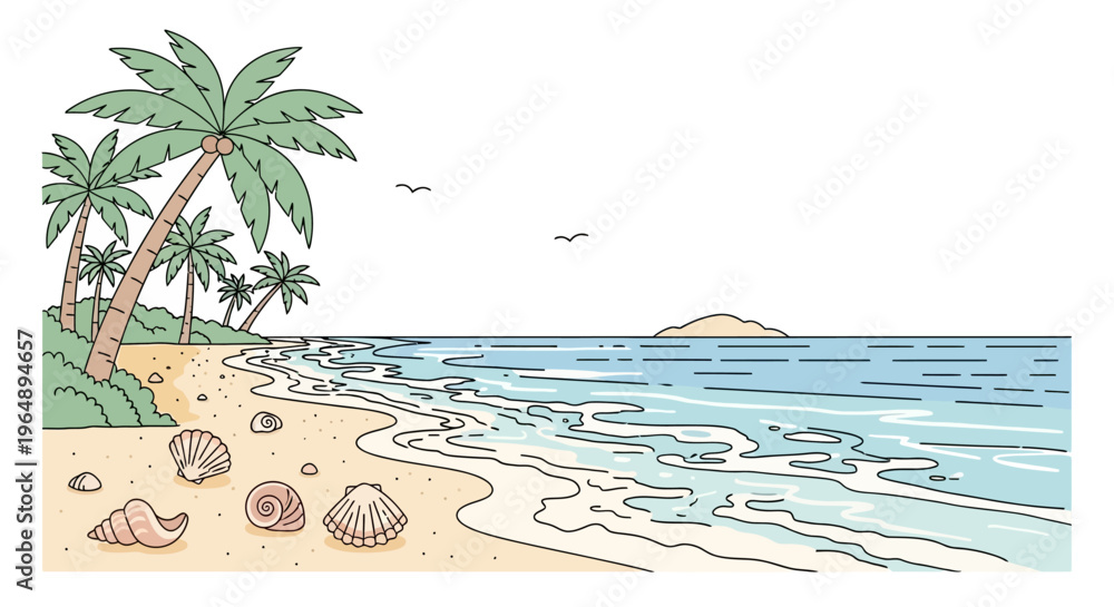 Fototapeta premium Seashells on sandy beach shore line.