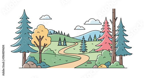 Colorful trees on green hillside landscape.