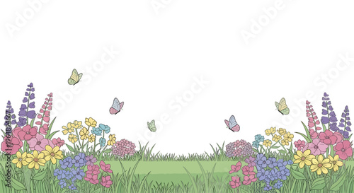 Colorful flowers and butterflies in garden.