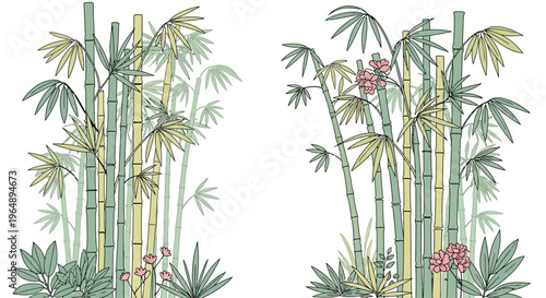 Tropical palm trees with colorful flowers.