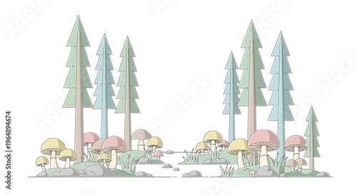 Colorful mushrooms in forest setting.