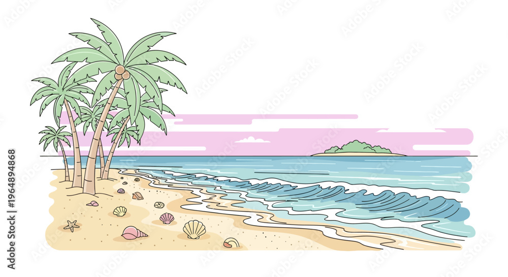 Fototapeta premium Palm trees on sandy beach shore.