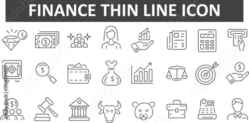 Finance Thin Line Icon Set – Saving, Spending, Budget, Banking and Payment Elements Vector EPS