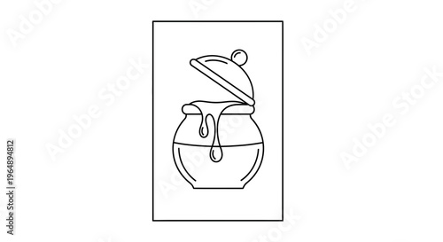 Minimalist vector line art illustration depicting a traditional honey pot with sweet golden liquid