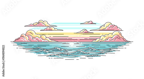 Colorful illustration of island landscape scene.