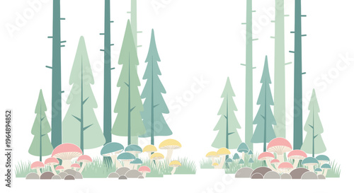 Mushrooms in a forest scene illustration.