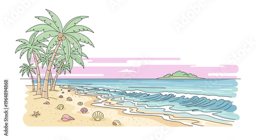 Palm trees on sandy beach shore.