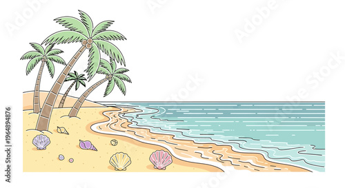 Palm trees on sandy beach shore.