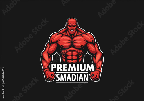 Muscular Red Bodybuilder Mascot Logo Illustration for Fitness, Gym, and Sports Branding with Intense Angry Expression