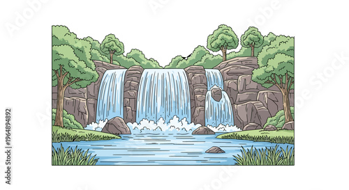 Waterfall pouring down rocky cliffside.