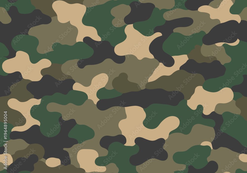 Fototapeta premium Seamless Classic Military Woodland Camouflage Pattern Background, Tactical Green and Khaki Camo Texture for Army Fashion and Outdoor Gear Design