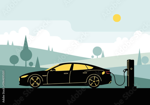 Sustainable Electric Vehicle Charging at Power Station in Minimalist Nature Landscape Illustration