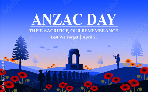 ANZAC Day Sunset Memorial Illustration with Soldiers Silhouette, Lest We Forget Tribute