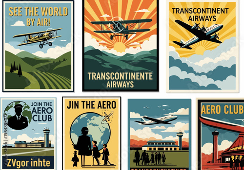 Collection of Vintage Aviation Travel Posters Featuring Retro Airplanes and Art Deco Flight Advertisements