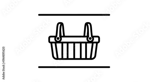 Minimalist black line art icon of an empty retail shopping basket on a clean white background