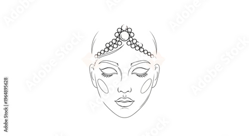 Minimalist line art illustration of a woman's serene face adorned with intricate pearl headpiece