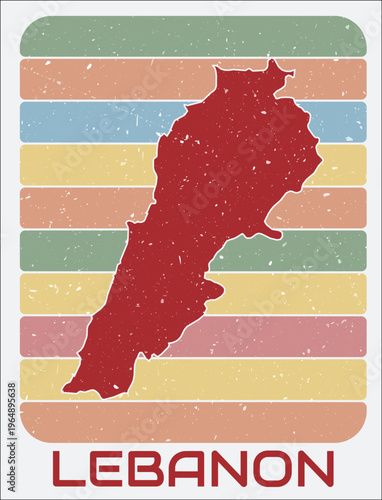 Lebanon vintage logo. Shape of the country on retro colored stripes background. Lebanon map design with grunge scratch texture. Vector illustration.