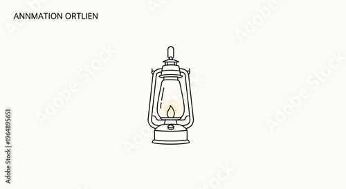 Minimalist black and white line art of a vintage kerosene lantern with a subtle glowing flame for
