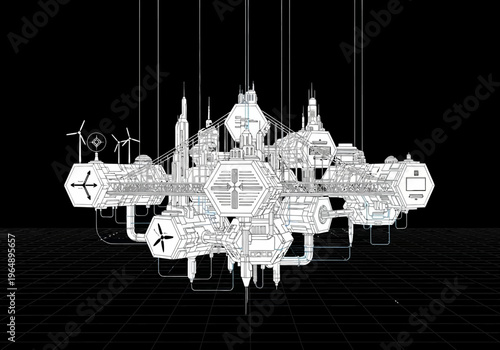 Futuristic Modular City Blueprint and Technical Schematic Drawing of a Sci-Fi Urban Colony on Black Background