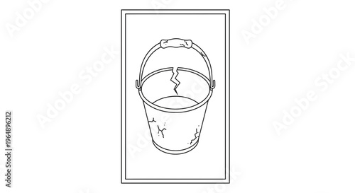 Minimalist line art depiction of a heavily cracked and worn industrial bucket illustrating decay