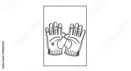 Stylized line art illustration showcasing a pair of detailed work gloves with palm stitching