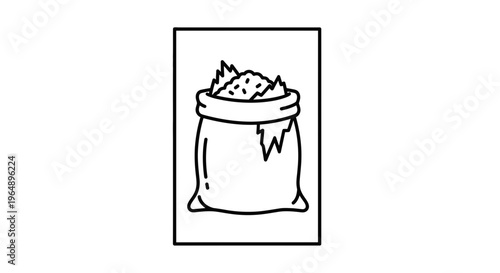 Minimalist line art illustration featuring a classic burlap sack filled with textured granular