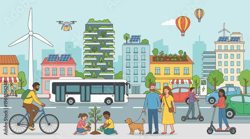 Sustainable green city with renewable energy, eco friendly transport, electric bus, solar panels, wind turbine, and people planting trees