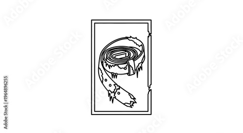 Black and white illustration of a dilapidated fabric tape measure curled within a simple frame