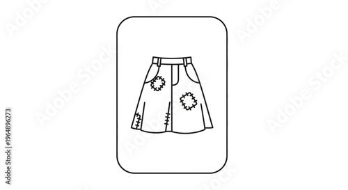 Minimalist line art illustration of a stylish patched skirt, depicting casual apparel design