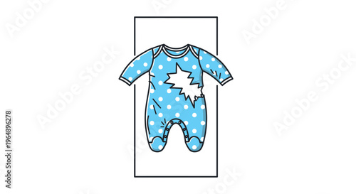 Charming blue baby jumpsuit illustration with white polka dots and a unique abstract central