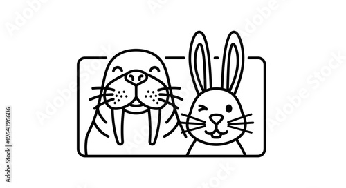Charming monochrome outline illustration featuring a friendly walrus and playful winking rabbit
