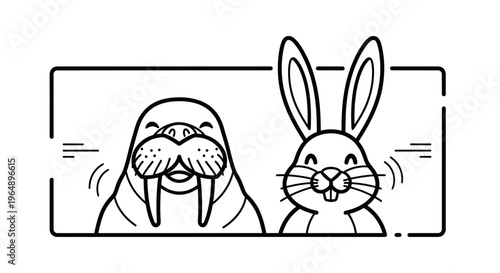 Whimsical line art illustration of a cheerful walrus and a friendly rabbit engaging in playful