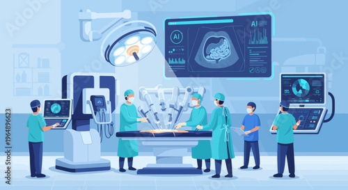 Futuristic Operating Room with Medical Team and AI-Powered Robotic Surgical Systems Performing High-Precision Operations