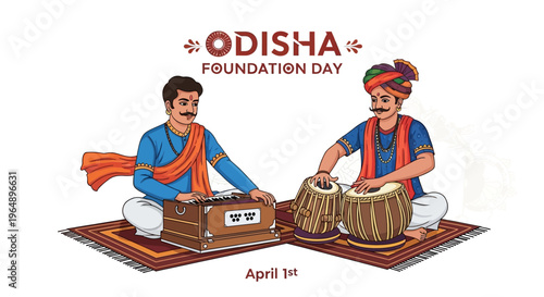 Illustration of two musicians playing traditional Indian instruments on colorful mats, celebrating Odisha Foundation Day with cultural and heritage elements.