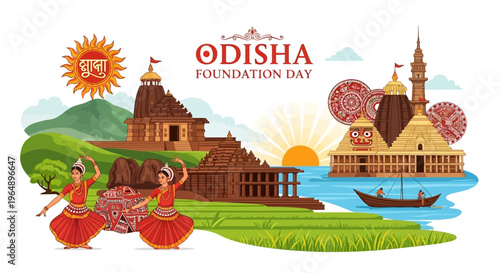 Illustration of Odisha Foundation Day celebration with traditional dancers, temples, and cultural icons in a vibrant design.