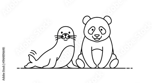 Adorable black and white line art illustration of a cheerful panda and a cute seal together