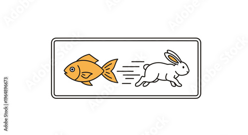 Conceptual illustration of a golden fish energetically pursuing a swift white rabbit in an