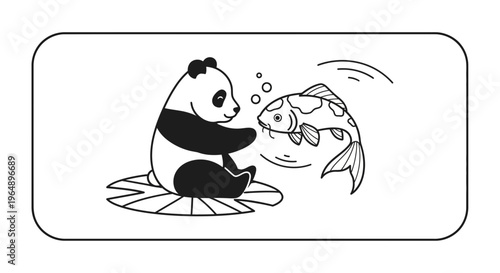 A cute panda sits on a lily pad, cheerfully interacting with a playful koi fish jumping from the
