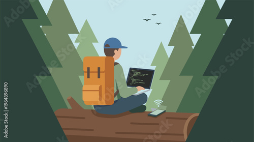 Digital nomad sitting on a log in a pine forest working on a laptop with a backpack and phone