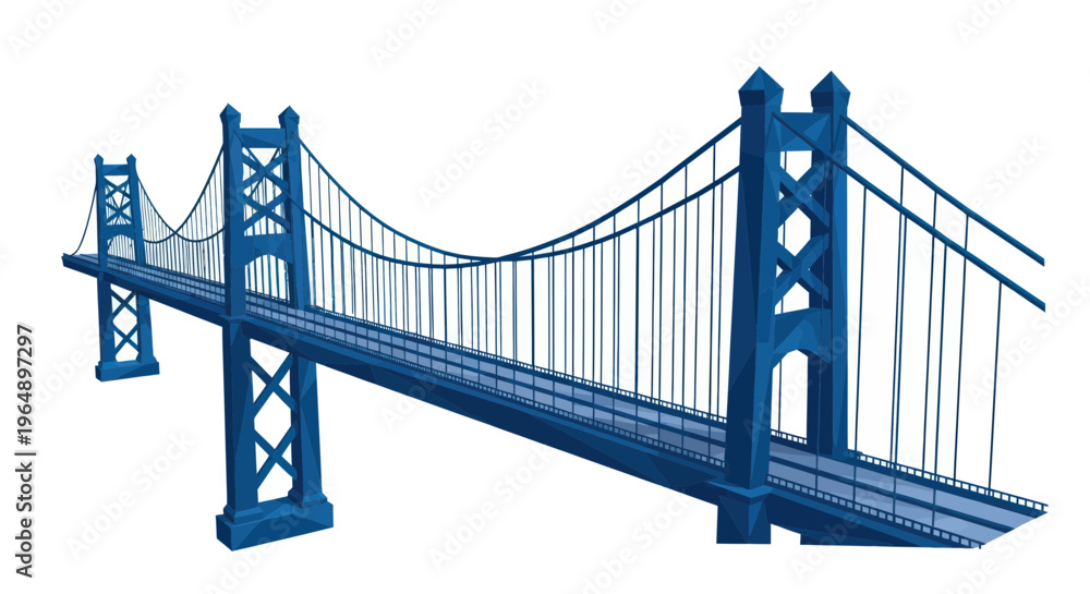 Fototapeta premium Blue Suspension Bridge Illustration, Geometric Design, Urban Infrastructure, Travel Route