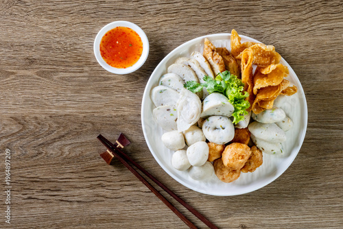 Boiled Fish Balls, Shrimp Balls and Chinese Fish Sausage with Spicy Dipping Sauce