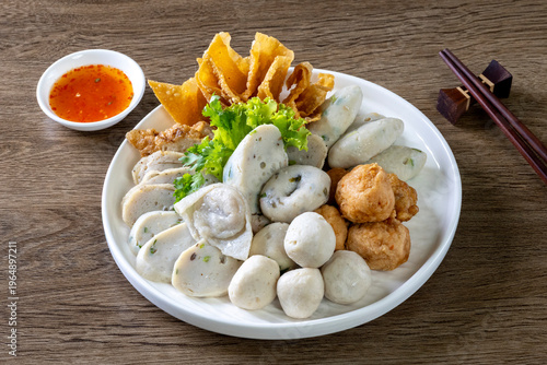 Boiled Fish Balls, Shrimp Balls and Chinese Fish Sausage with Spicy Dipping Sauce