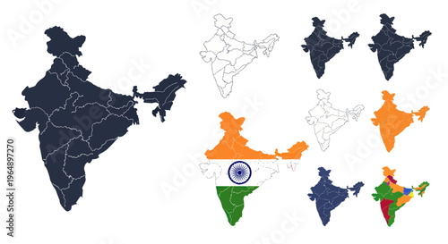 India Map Collection: Outline, Silhouette, Flag, Regional Divisions