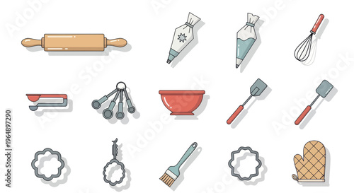 Baking Tools Flat Icons Set: Rolling Pin, Whisk, Spatula, Cookie Cutters, Oven Mitt